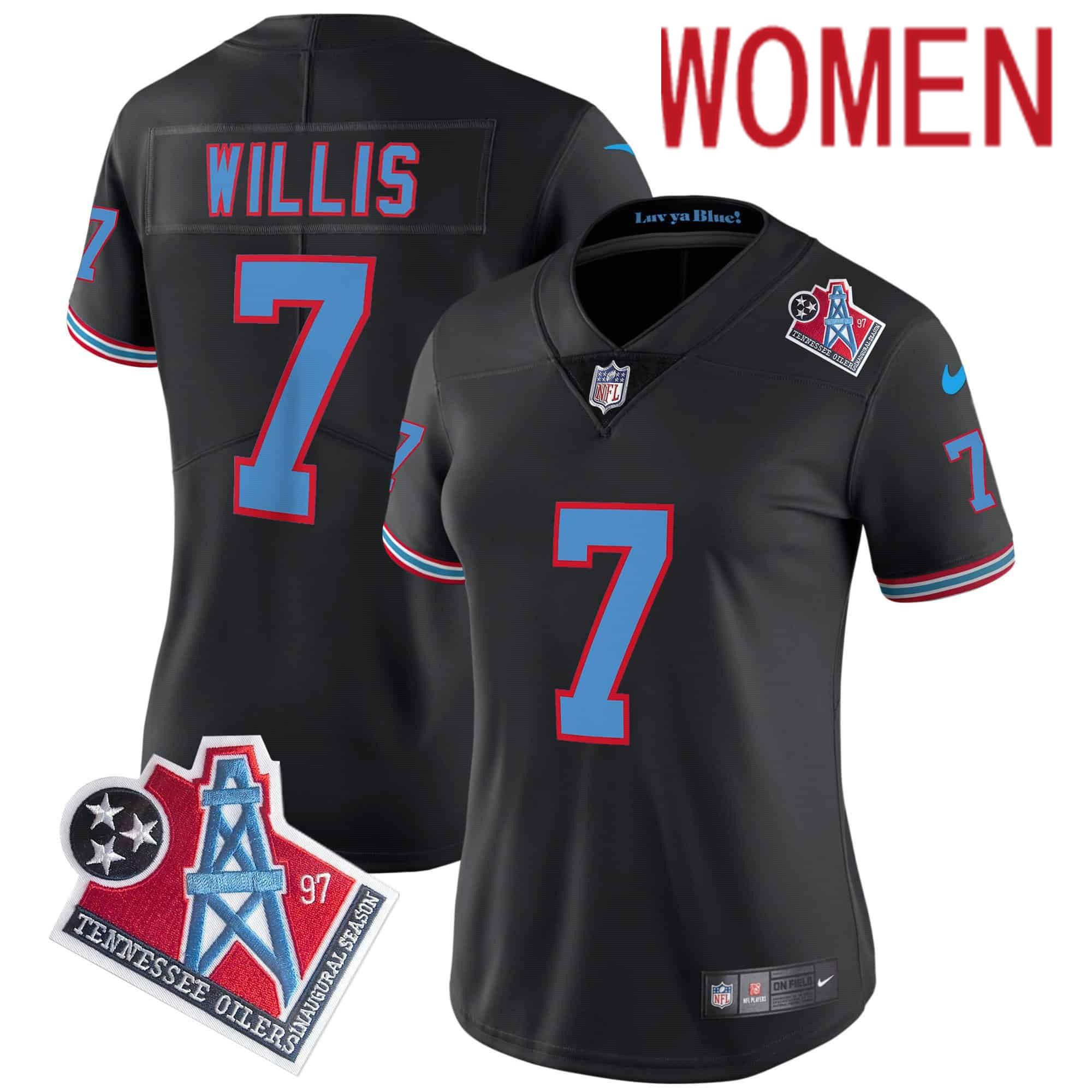 Women Tennessee Titans #7 Willis Black 1997 Throwback 2024 Nike Limited Vapor NFL Jersey->women nfl jersey->Women Jersey
